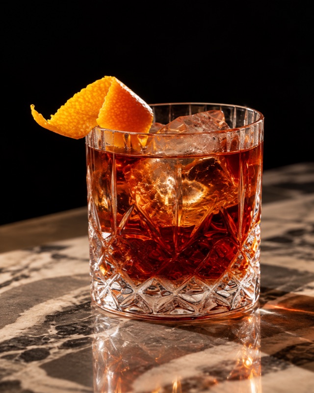 Cocktail ambré type old fashioned avec zeste d'orange, idéal pour un mariage d'automne